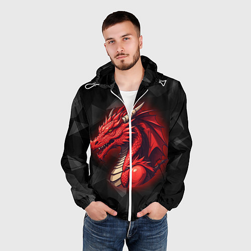 Мужская ветровка Красный дракон на полигональном черном фоне / 3D-Белый – фото 3
