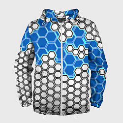 Ветровка с капюшоном мужская Синяя энерго-броня из шестиугольников, цвет: 3D-белый