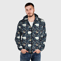 Ветровка с капюшоном мужская Акварельные медведи и олени, цвет: 3D-черный — фото 2
