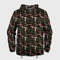 Ветровка с капюшоном мужская Goblincore - мухоморы, цвет: 3D-черный
