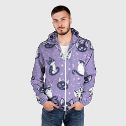 Ветровка с капюшоном мужская Мистические кошечки - паттерн фиолетовый, цвет: 3D-белый — фото 2