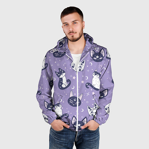 Мужская ветровка Мистические кошечки - паттерн фиолетовый / 3D-Белый – фото 3
