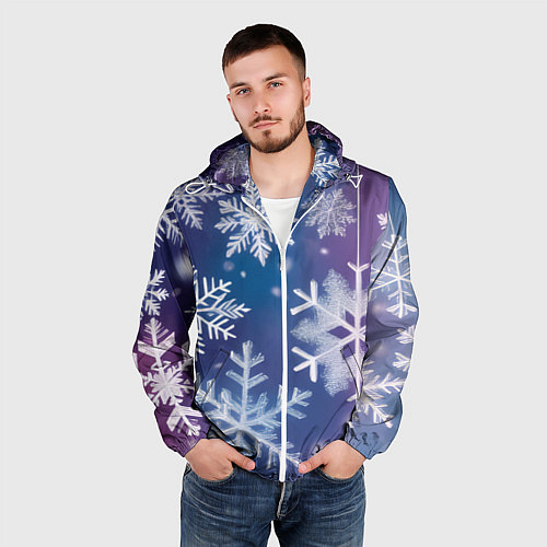 Мужская ветровка Снежинки на фиолетово-синем фоне / 3D-Белый – фото 3