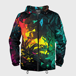 Ветровка с капюшоном мужская Яркие разноцветные абстрактные листья, цвет: 3D-черный