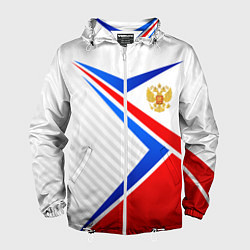 Ветровка с капюшоном мужская Герб РФ - классические цвета флага, цвет: 3D-белый