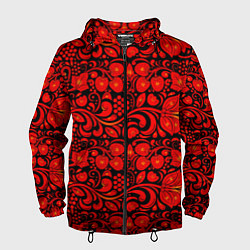Ветровка с капюшоном мужская Хохломская роспись красные цветы и ягоды на чёрном, цвет: 3D-черный