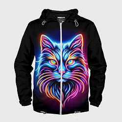Ветровка с капюшоном мужская Суровый неоновый кот, цвет: 3D-белый