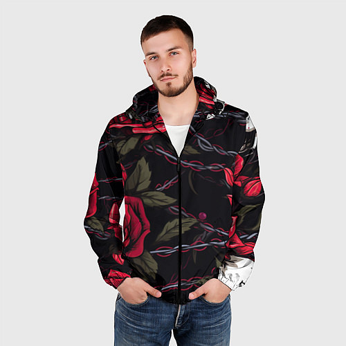 Мужская ветровка Череп и красные розы / 3D-Черный – фото 3