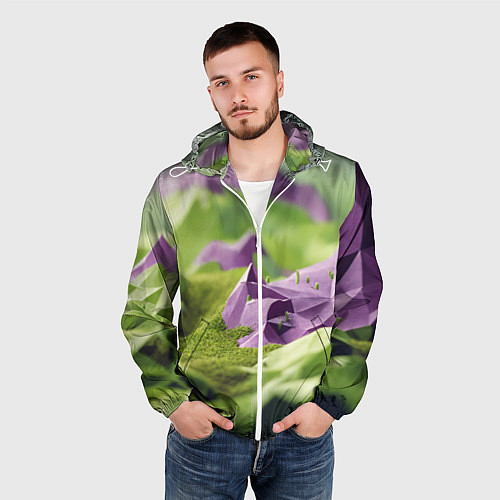 Мужская ветровка Геометрический пейзаж фиолетовый и зеленый / 3D-Белый – фото 3