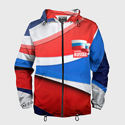Ветровка с капюшоном мужская Герб России на абстрактном фоне в цветах России, цвет: 3D-черный