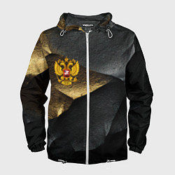 Ветровка с капюшоном мужская Золотой герб России на темном фоне, цвет: 3D-белый