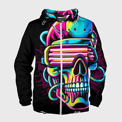 Ветровка с капюшоном мужская Cyber skull - ai art neon, цвет: 3D-белый