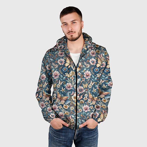 Мужская ветровка Летний узор с цветами и бабочками / 3D-Черный – фото 3