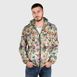 Ветровка с капюшоном мужская Летний узор с цветами и бабочками, цвет: 3D-черный — фото 2