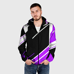 Ветровка с капюшоном мужская Бело-фиолетовые полосы на чёрном фоне, цвет: 3D-черный — фото 2