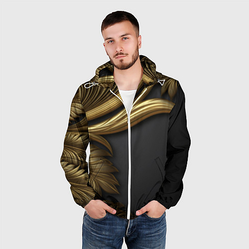 Мужская ветровка Золотые объемные листья на черном / 3D-Белый – фото 3