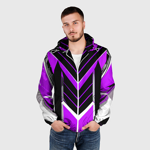 Мужская ветровка Фиолетово-серые полосы на чёрном фоне / 3D-Белый – фото 3