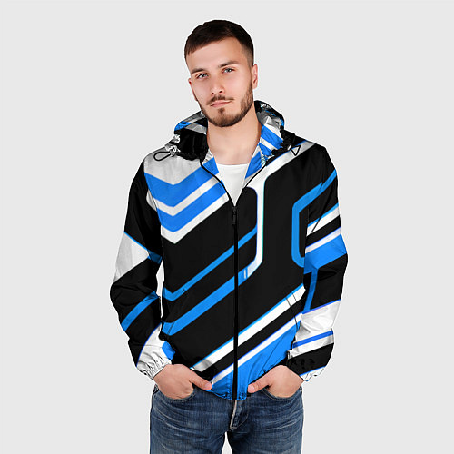 Мужская ветровка Бело-синие линии на чёрном фоне / 3D-Черный – фото 3