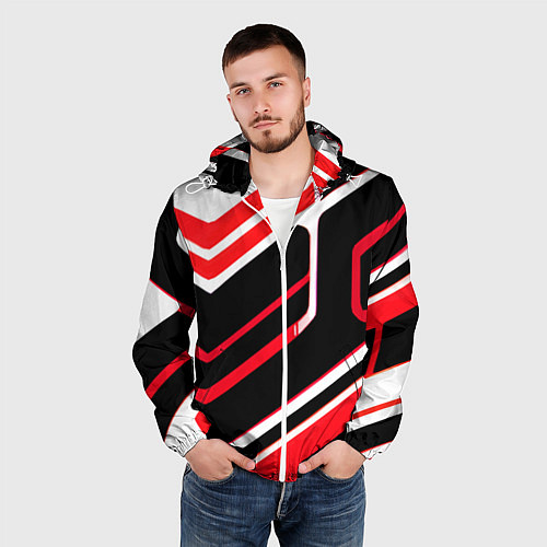 Мужская ветровка Бело-красные линии на чёрном фоне / 3D-Белый – фото 3