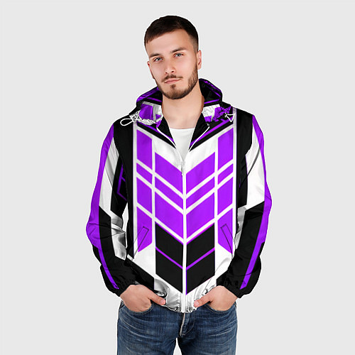 Мужская ветровка Purple and black stripes on a white background / 3D-Белый – фото 3