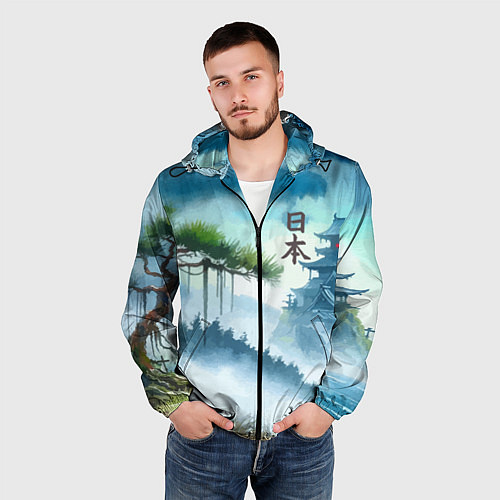 Мужская ветровка Японский пейзаж - акварель живопись / 3D-Черный – фото 3