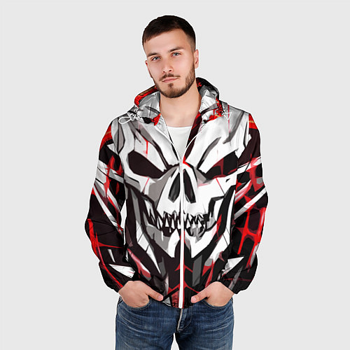 Мужская ветровка Белый череп и красные полосы на чёрном фоне / 3D-Белый – фото 3