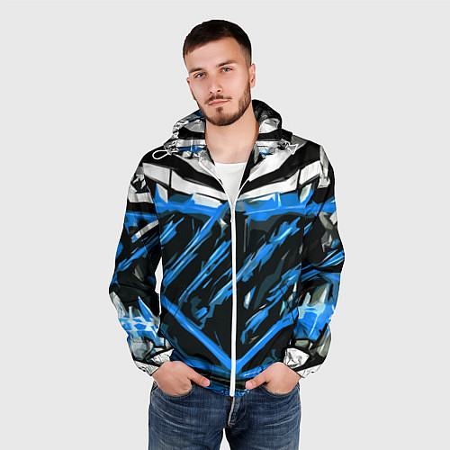 Мужская ветровка Blue and white abstraction on a black background / 3D-Белый – фото 3