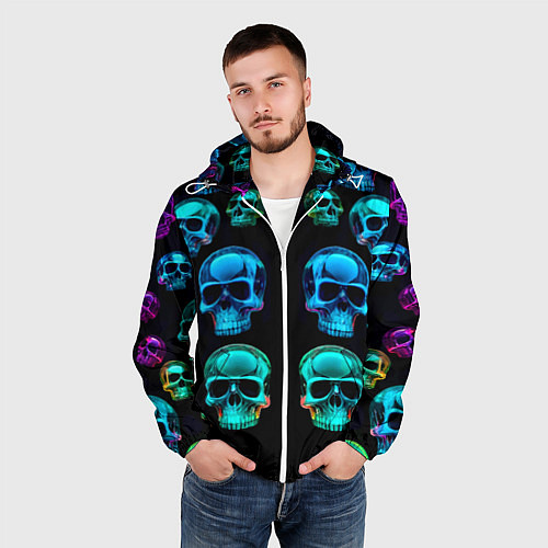 Мужская ветровка Neon skulls - ai art pattern / 3D-Белый – фото 3