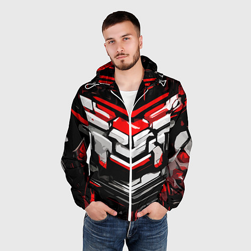 Мужская ветровка Красно-белая агрессивная абстракция на чёрном фоне / 3D-Белый – фото 3