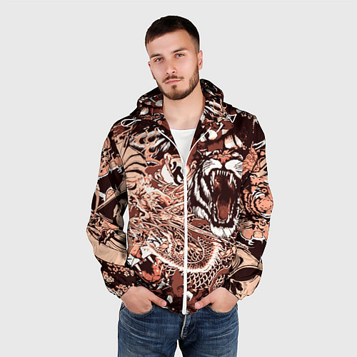 Мужская ветровка Тигр дракон и самурай / 3D-Белый – фото 3