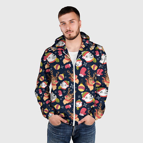 Мужская ветровка Новогодний детский паттерн с животными / 3D-Белый – фото 3