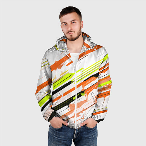 Мужская ветровка Оранжево-жёлто-чёрные полосы на белом фоне / 3D-Белый – фото 3