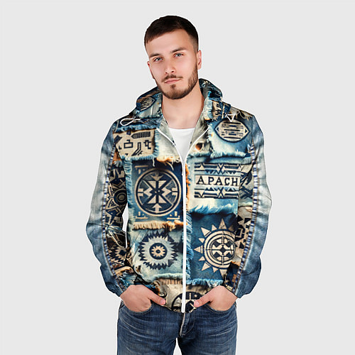 Мужская ветровка Символы Апачи на пэчворк дениме / 3D-Белый – фото 3