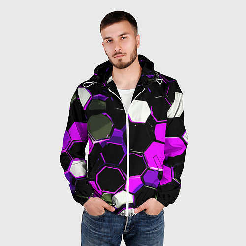 Мужская ветровка Розово-белые шестиугольники на чёрном фоне / 3D-Белый – фото 3