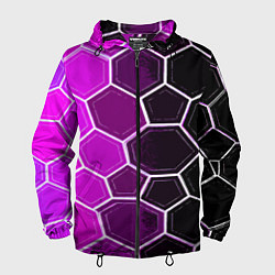 Ветровка с капюшоном мужская Белые шестиугольники на чёрно-фиолетовом фоне, цвет: 3D-черный