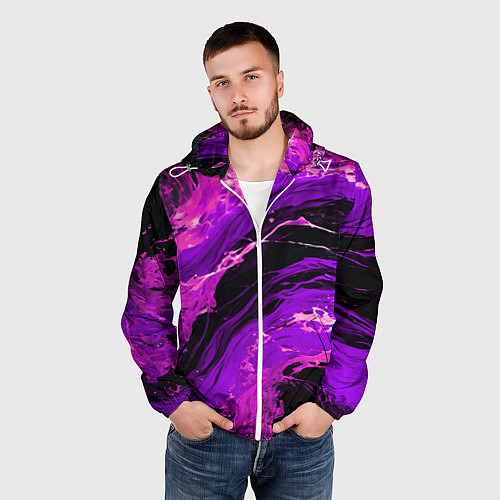Мужская ветровка Фиолетовые брызги на чёрном фоне / 3D-Белый – фото 3