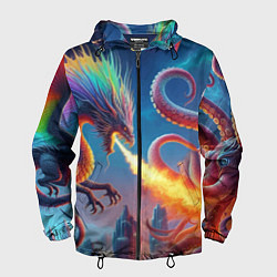 Ветровка с капюшоном мужская Огнедышащий дракон против осьминога - нейроарт фан, цвет: 3D-черный