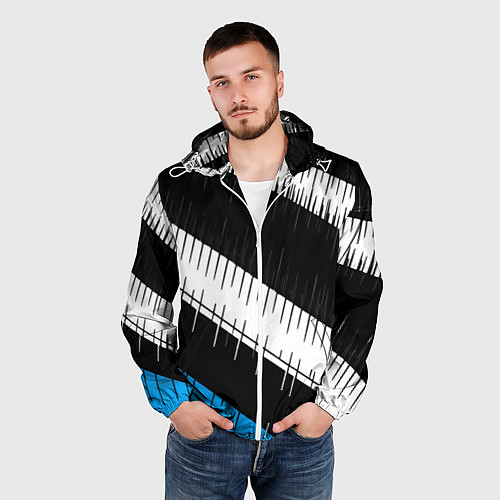 Мужская ветровка Диагональные чёрно-белые полосы на синем фоне / 3D-Белый – фото 3