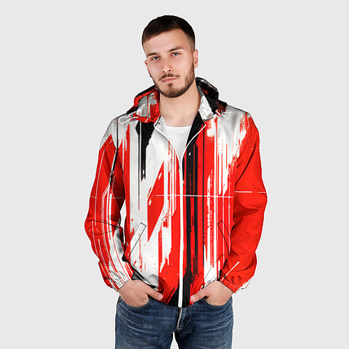 Мужская ветровка Вертикальные чёрно-белые линии на красном фоне / 3D-Белый – фото 3