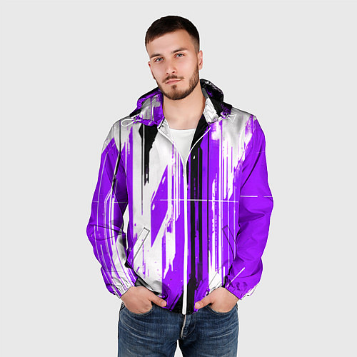 Мужская ветровка Вертикальные чёрно-белые линии на фиолетовом фоне / 3D-Белый – фото 3