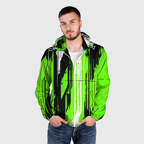 Мужская ветровка Вертикальные чёрно-белые линии на зелёном фоне / 3D-Белый – фото 3
