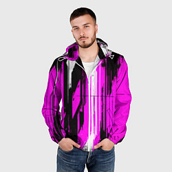Ветровка с капюшоном мужская Вертикальные чёрно-белые линии на розовом фоне, цвет: 3D-белый — фото 2