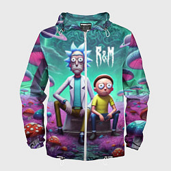 Ветровка с капюшоном мужская Рик и Морту на сказочной грибной планете - нейроар, цвет: 3D-белый