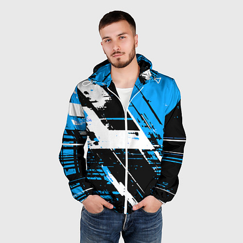 Мужская ветровка Diagonal black and white stripes on a blue backgro / 3D-Белый – фото 3