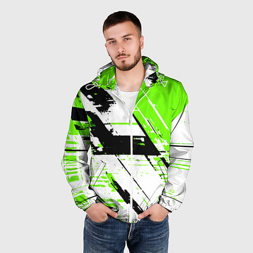 Мужская ветровка Diagonal black and green stripes on a white backgr / 3D-Белый – фото 3