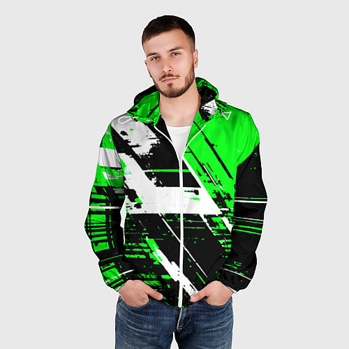 Мужская ветровка Diagonal black and white stripes on a green backgr / 3D-Белый – фото 3