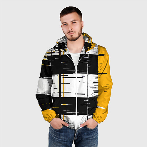Мужская ветровка Жёлтые и чёрные полосы на белом фоне / 3D-Белый – фото 3