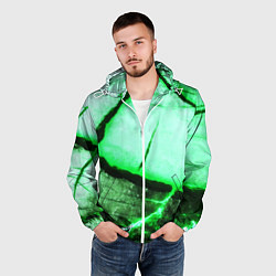 Ветровка с капюшоном мужская Трещины на абстрактном зелёном фоне, цвет: 3D-белый — фото 2