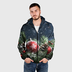 Ветровка с капюшоном мужская Новогодний шар и шишка, цвет: 3D-черный — фото 2