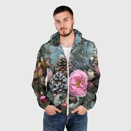 Мужская ветровка Новогодние цветы и шишки / 3D-Белый – фото 3
